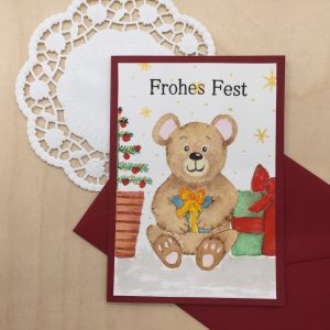 Weihnachtskarte Bär mit Geschenk