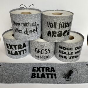 Klorollenhülle aus Filz, dekorativ, nützlich, mit einem lustigen Spruch ein ideales Geschenk. Sprüche sind individualiserbar